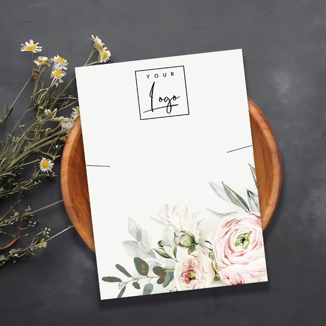 Soft Blush Green Peony Floral Logo Necklace Holder Business Card (Creator Uploaded)