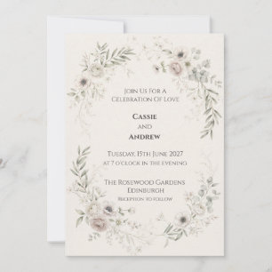 Soft Blush Grey Floral Wreath Wedding Invitation