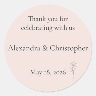 Soft Blush Lily Personalised Wedding Thank You  Classic Round Sticker