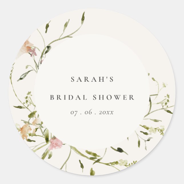 Soft Blush Meadow Floral Wreath Bridal Shower Classic Round Sticker (Front)