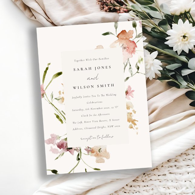 Soft Blush Meadow Watercolor Floral Frame Wedding Invitation (Creator Uploaded)