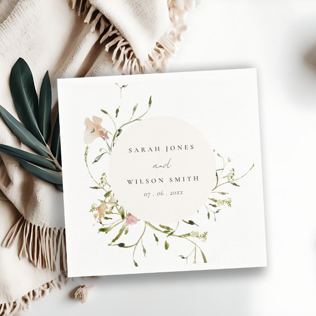 Soft Blush Meadow Watercolor Floral Wreath Wedding Napkin (Creator Uploaded)