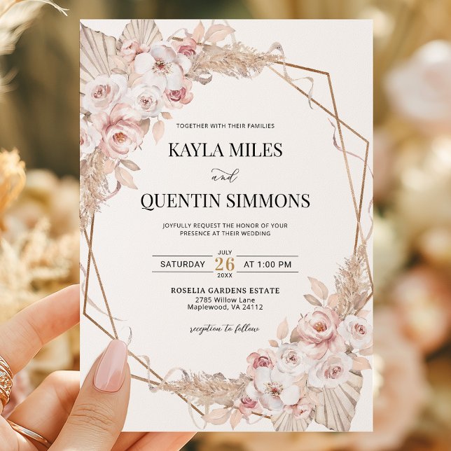 Soft Blush Pampas Grass Boho Gold Geometric Frame  Invitation (Creator Uploaded)