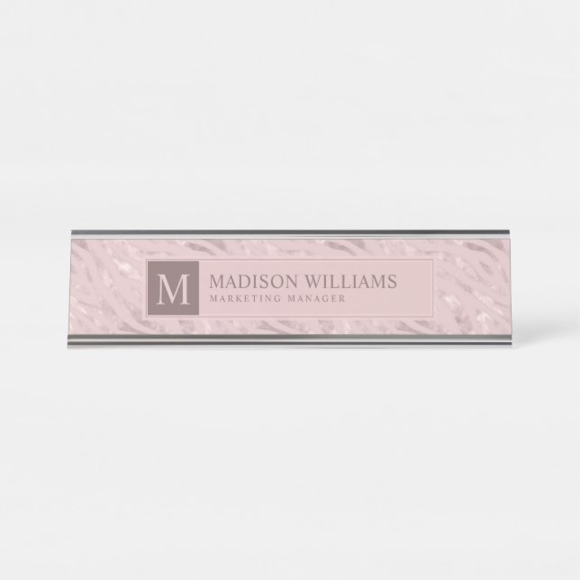 Soft Blush Pastel Pink Gold Silver Glitter Pattern Desk Name Plate (Front)