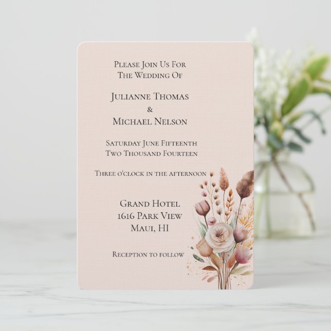 Soft Blush Peach Floral Wedding  Invitation (Standing Front)