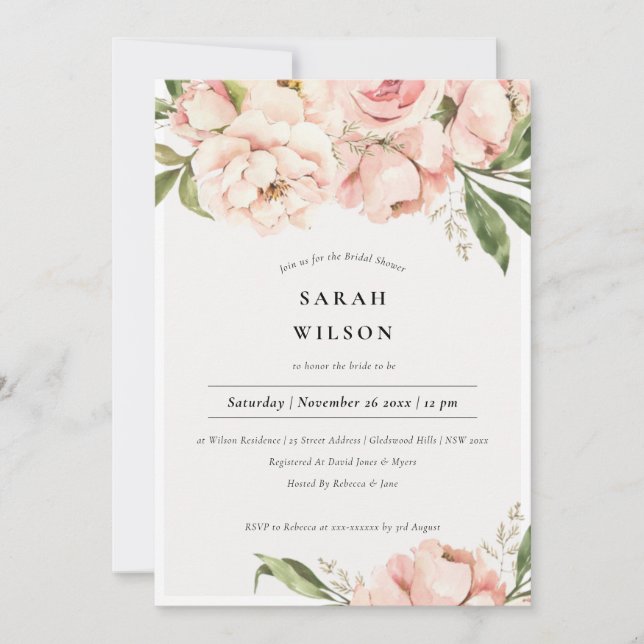 Soft Blush Peach Peony Floral Bridal Shower Invite (Front)