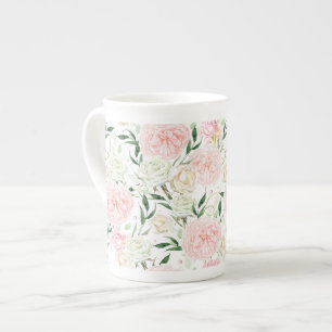 Soft Blush Peony & Rose Watercolor Floral Pattern Bone China Mug