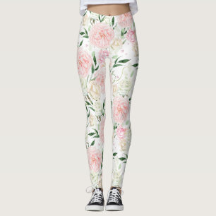 Soft Blush Peony & Rose Watercolor Floral Pattern Leggings