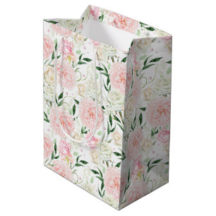 Soft Blush Peony & Rose Watercolor Floral Pattern Medium Gift Bag
