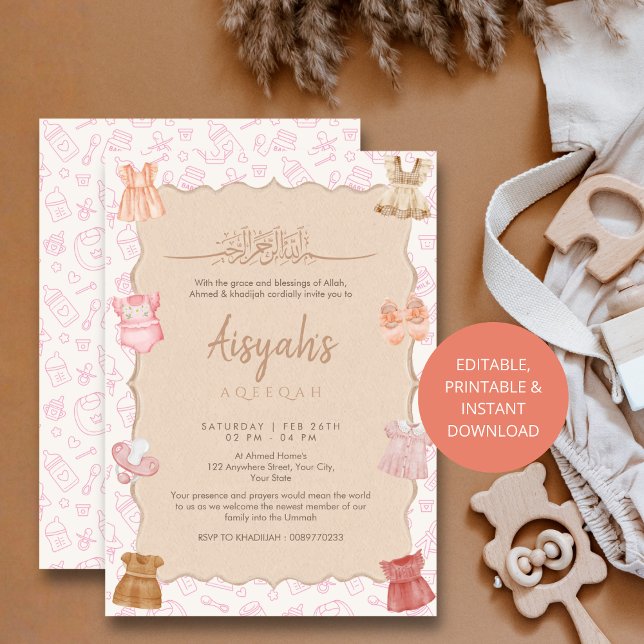 Soft Blush Pink Baby Clothes Girl Aqeeqah Invitation (Creator Uploaded)