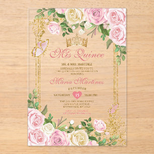  Soft Blush Pink Birthday Gold Crown Mis Quince Acrylic Invitations