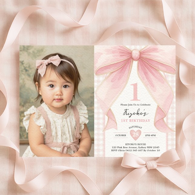 Soft Blush Pink Bow Coquette Theme 1st Birthday Invitation (Creator Uploaded)