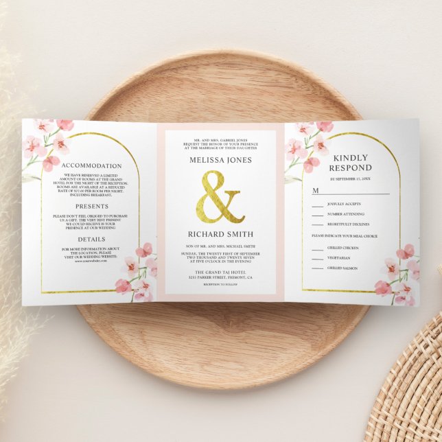 Soft Blush Pink Cherry Blossom Floral Arch Wedding Tri-Fold Invitation (Creator Uploaded)
