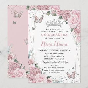 Soft Blush Pink Floral Butterflies Quinceanera 15 Invitation