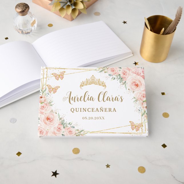 Soft Blush Pink Floral Butterflies Quinceanera Guest Book (Front Open)