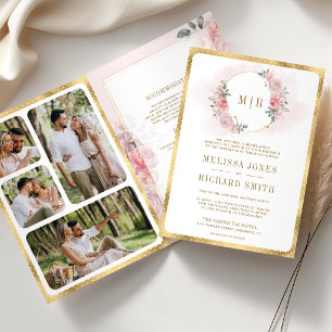 Soft Blush Pink Floral Gold All in One Wedding Invitation