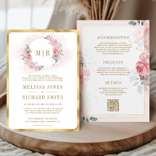 Soft Blush Pink Floral Gold All in One Wedding Invitation