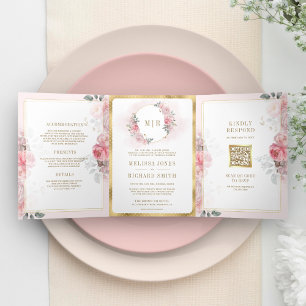 Soft Blush Pink Floral Gold All in One Wedding Tri-Fold Invitation