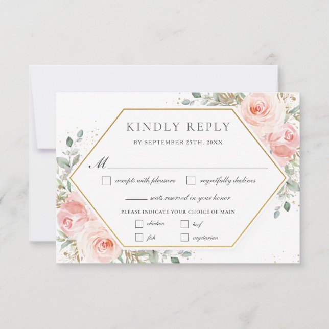 Soft Blush Pink Floral Gold Greenery Wedding Meal  RSVP Card (Front)