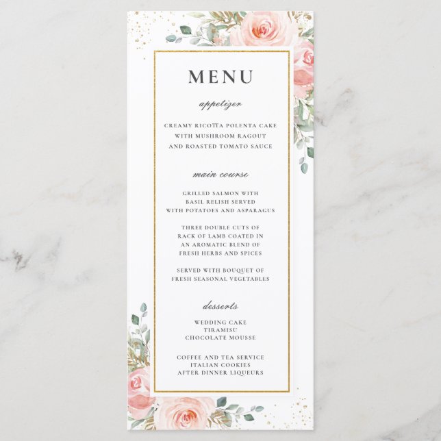 Soft Blush Pink Floral Gold Leafy Wedding Menu (Front)