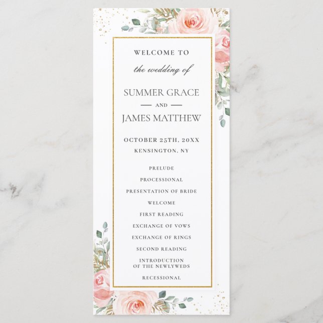 Soft Blush Pink Floral Gold Leafy Wedding Program Programme (Front)