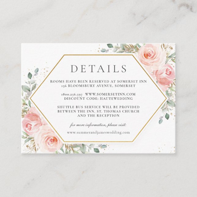 Soft Blush Pink Floral Gold Wedding Details    Enclosure Card (Front)
