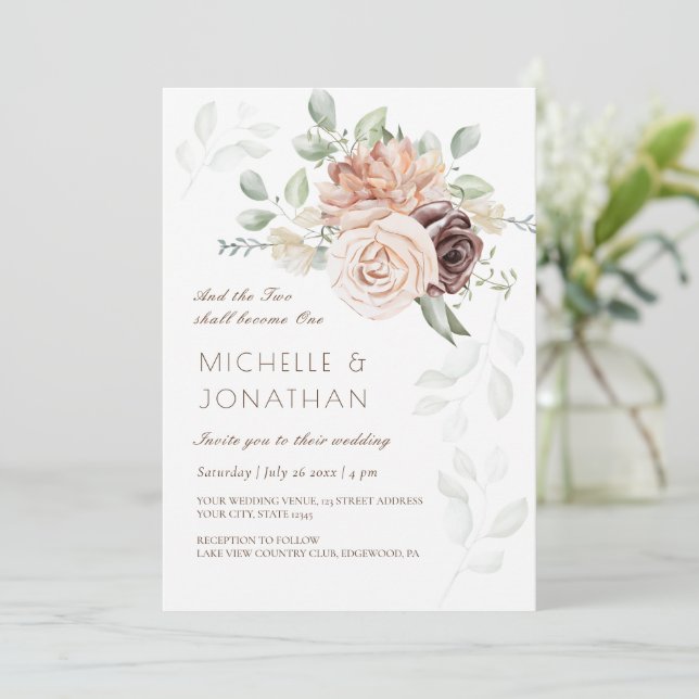 Soft Blush Pink Flowers Greenery Christian Wedding Invitation (Standing Front)