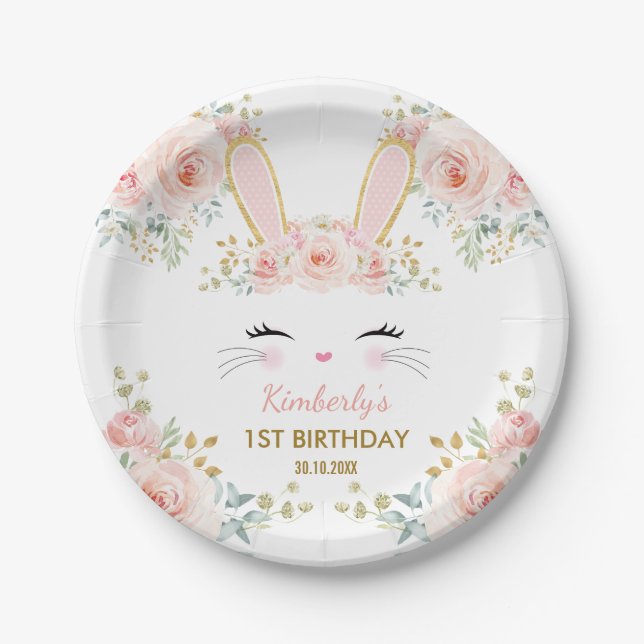 Soft Blush Pink Gold Bunny Rabbit Birthday Shower Paper Plate (Front)