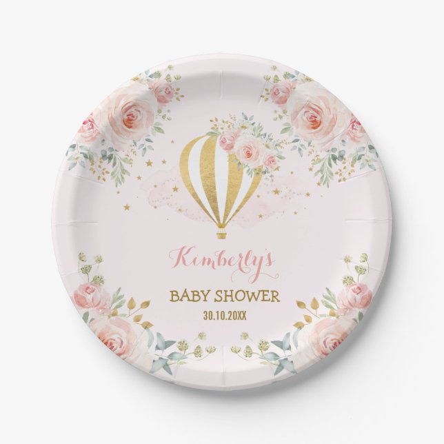 Soft Blush Pink Gold Hot Air Balloon Shower Party Paper Plate (Front)