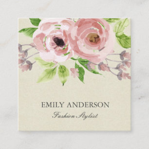 SOFT BLUSH PINK GREEN WATERCOLOR FLORAL SQUARE BUSINESS CARD