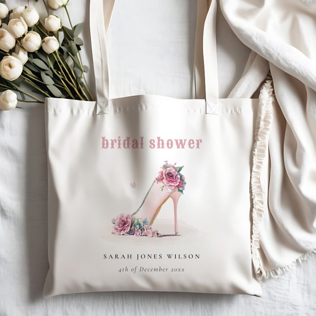 Soft Blush Pink High Heels Floral Bridal Shower Tote Bag (Creator Uploaded)