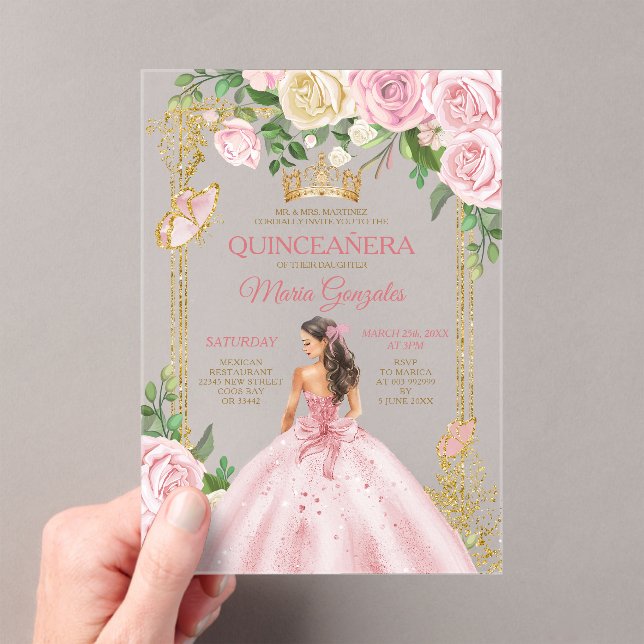 Soft Blush Pink Mis Quince Crown Gold Quinceañera Acrylic Invitations (Insitu (Handheld))