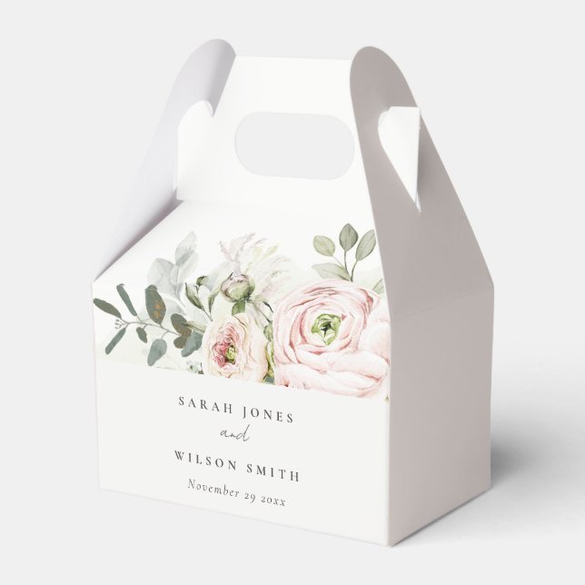 Soft Blush Pink Peonies Eucalyptus Foliage Wedding Favour Box (Front Side)