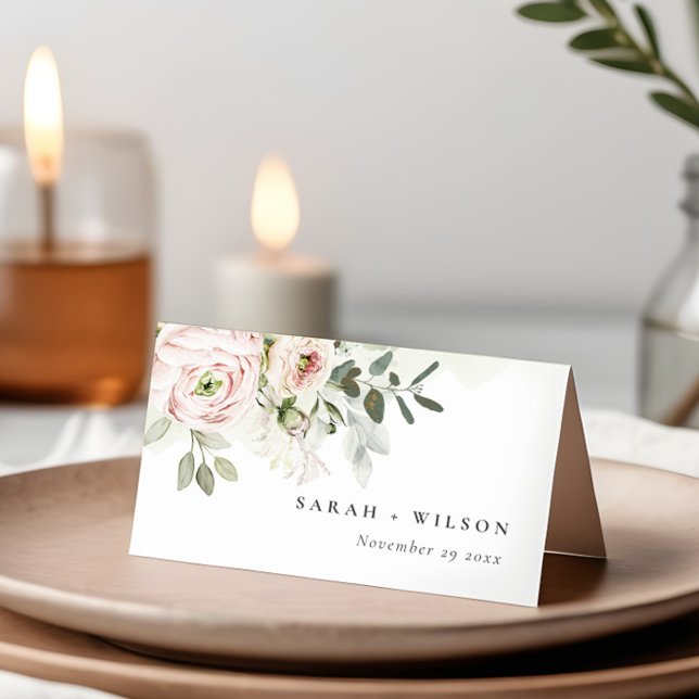 Soft Blush Pink Peonies Eucalyptus Foliage Wedding Place Card (Creator Uploaded)