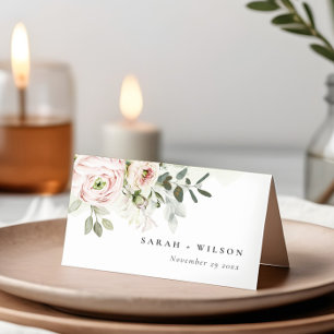 Soft Blush Pink Peonies Eucalyptus Foliage Wedding Place Card