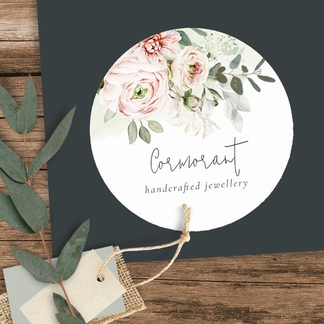 Soft Blush Pink Peony Leafy Botanical Floral Classic Round Sticker (Creator Uploaded)