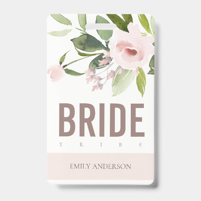 SOFT BLUSH PINK ROSE FLORAL BRIDE TRIBE WEDDING ID BADGE (Front)