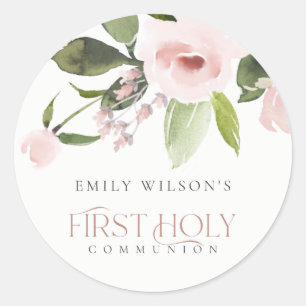SOFT BLUSH PINK ROSE FLORAL FIRST HOLY COMMUNION CLASSIC ROUND STICKER