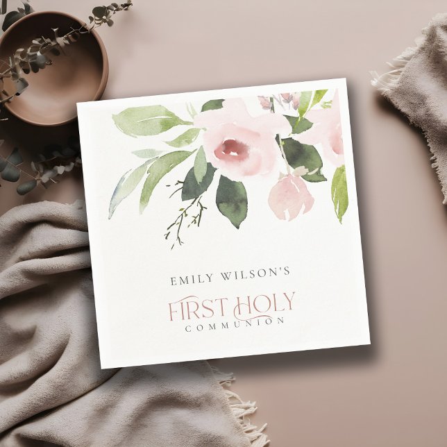 SOFT BLUSH PINK ROSE FLORAL FIRST HOLY COMMUNION NAPKIN (Creator Uploaded)