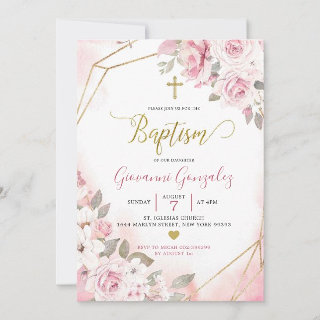 Soft Blush Pink Rose Girl Baptism Invitation (Front)