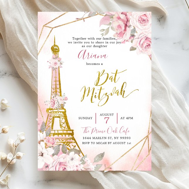 Soft Blush Pink Rose Paris Bat Mitzvah Invitation (Creator Uploaded)