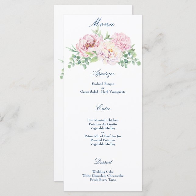 Soft Blush Pink Roses Elegant Floral Wedding Menu (Front/Back)