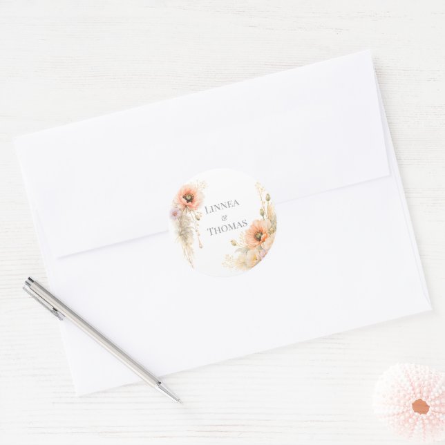 Soft Blush Poppy Elegant Editorial Wedding Classic Round Sticker (Envelope)