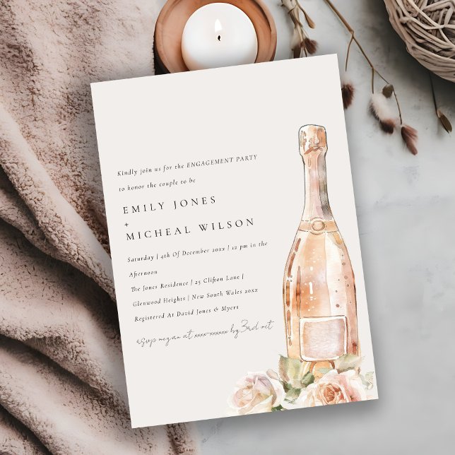 Soft Blush Rose Floral Champagne Wine Engagement Invitation (Creator Uploaded)