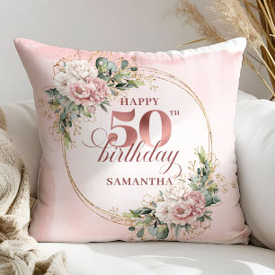 Soft Blush Rose Gold 50th Birthday Pillow Gift