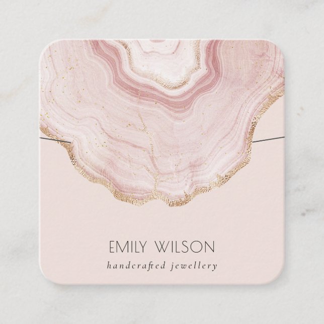 Soft Blush Rose Gold Agate Marble Necklace Display Square Business Card (Front)