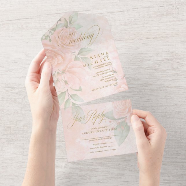 Soft Blush Roses Wedding ID828 All In One Invitation (Tearaway)
