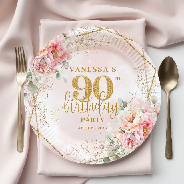 Soft Blush Watercolor Gold Frame 90th Birthday   Paper Plate (Soft Blush Watercolor Gold Frame 90th Birthday Plate)