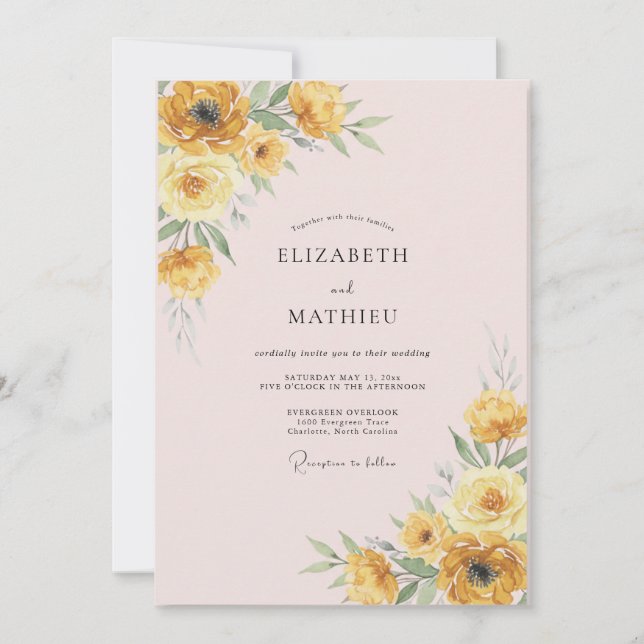 Soft Blush Yellow Ranunculus Eucalyptus Wedding Invitation (Front)