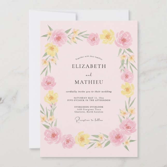 Soft Blush Yellow Wildflower Wedding Invitation (Front)